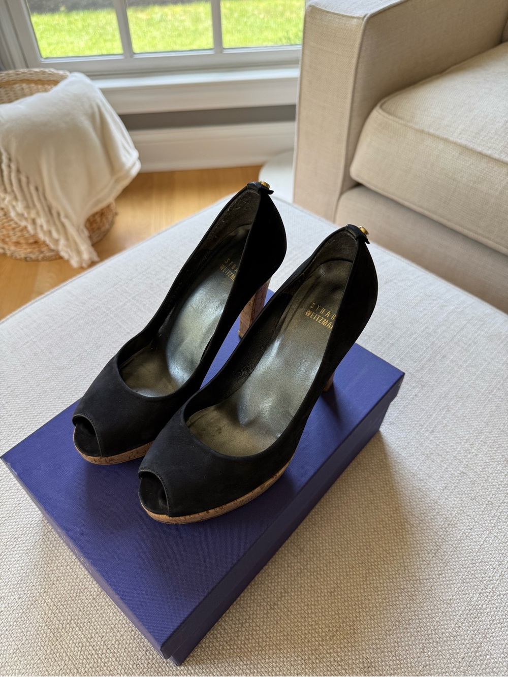 Stuart Weitzman Black Suede Peep-Toe Cork Platform Pumps